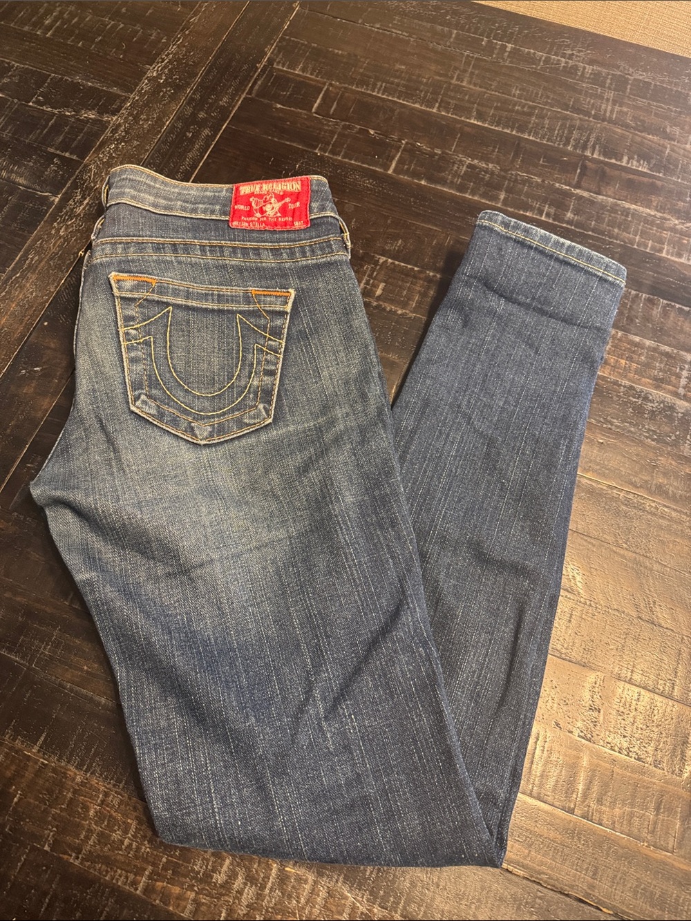 True Religion Women's Skinny Jeans in Blue Wash with Red Patch